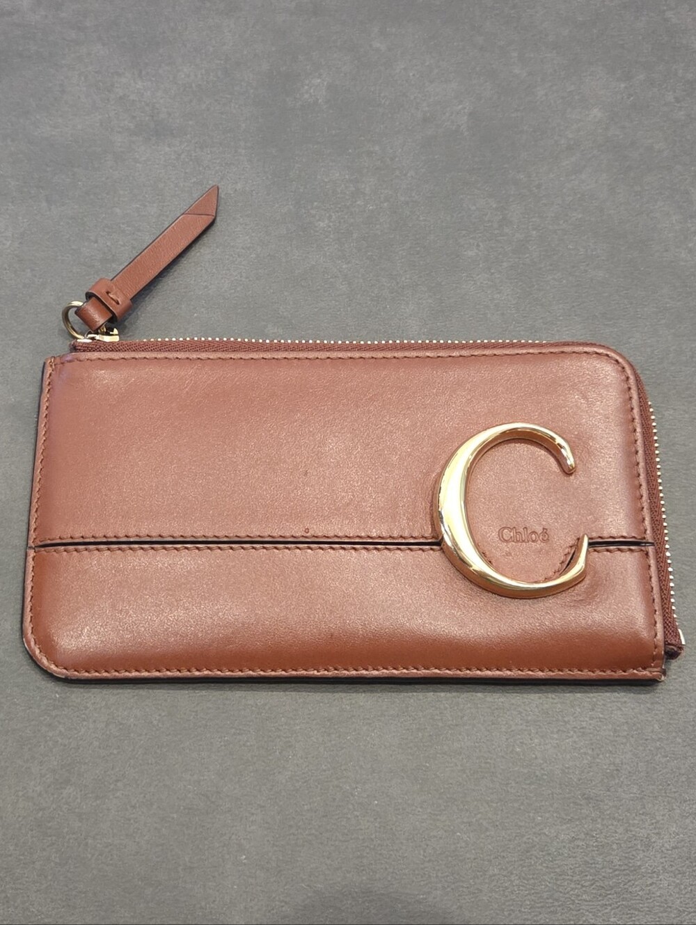 Chloe Brown Leather Zip Wallet with Gold Accent